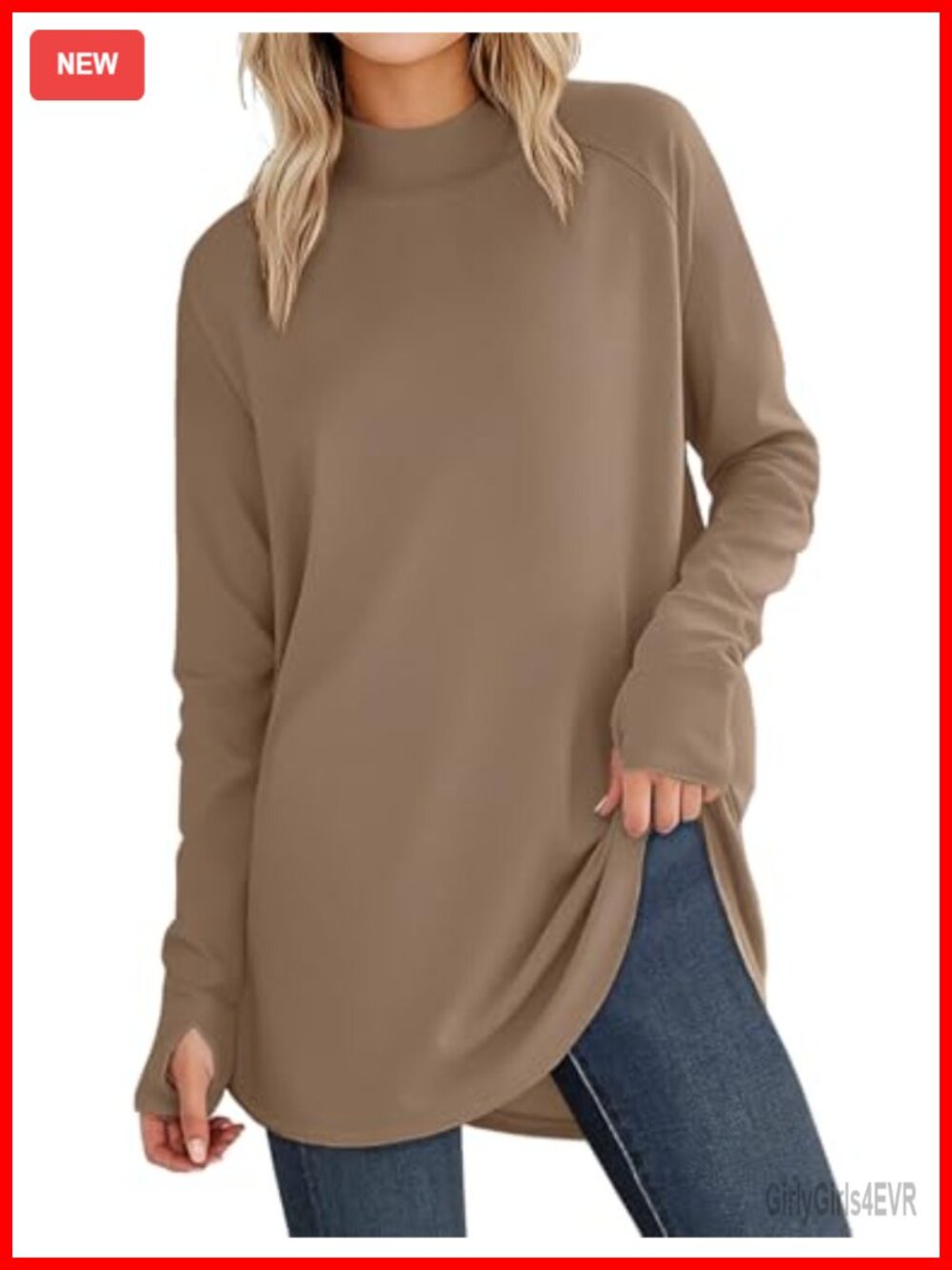 Women's Long Sleeve Turtleneck Tunic Top with Thumb Hole Curved Hem